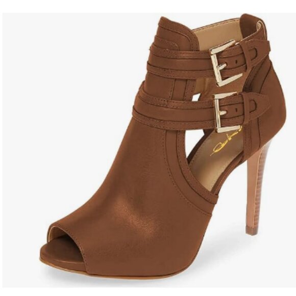 XYD Brown Peep Toe Sandal Ankle Booties Dual Buckled Straps Stiletto Heels Pumps - Picture 1 of 8